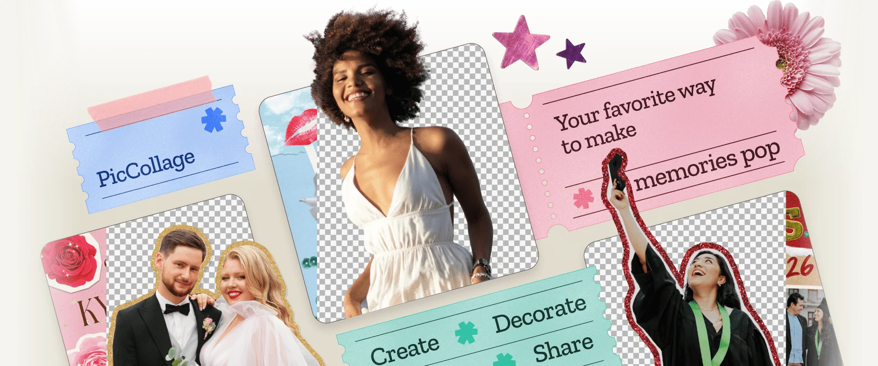 A collage of photos with backgrounds removed using PicCollage's free background remover tool