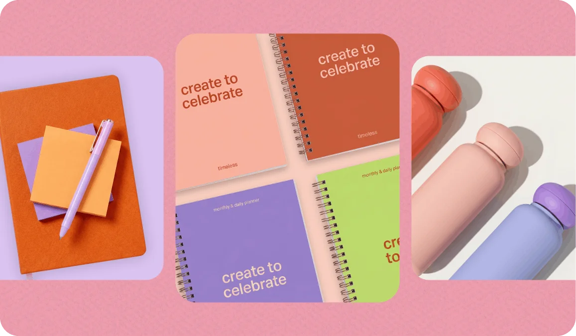 Colorful stationery flatlay featuring spiral notebooks, sticky notes, a pen, and pastel water bottles with "create to celebrate" text