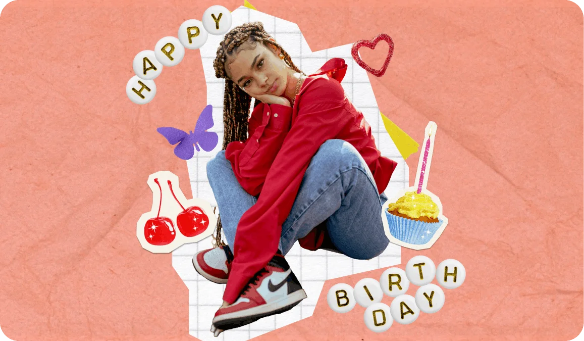 Birthday collage made with PicCollage featuring a young woman in a red outfit surrounded by fun stickers, letter beads spelling Happy Birthday, and a cupcake