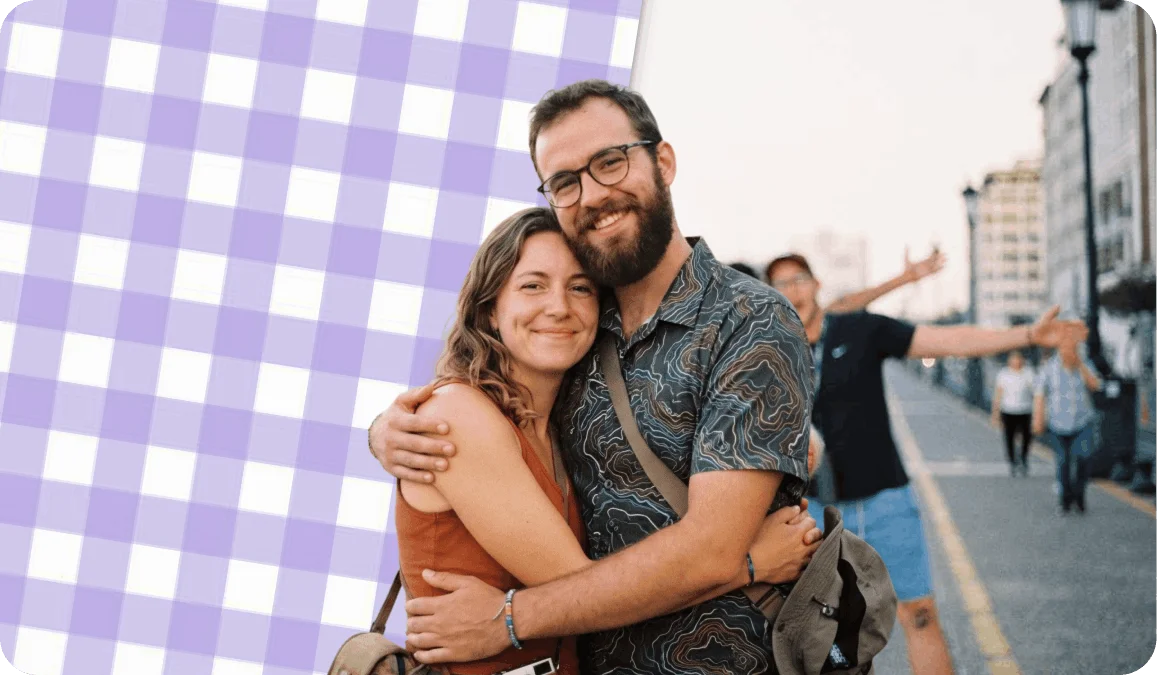 Smiling couple hugging outdoors with a purple gingham pattern background added using PicCollage