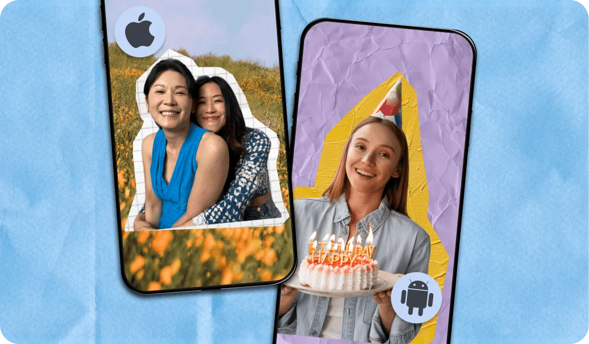 PicCollage app shown on iPhone and Android, featuring a mother-daughter collage in a flower field and a woman holding a birthday cake