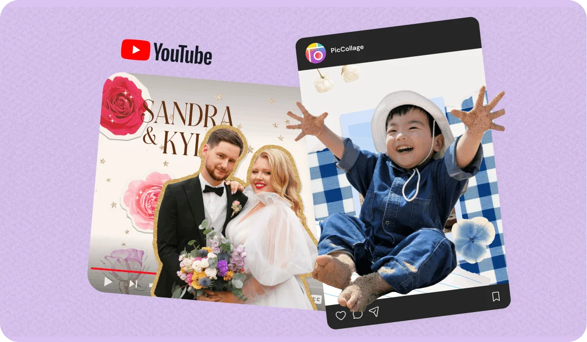 PicCollage visuals created with the app including a wedding photo collage with rose stickers and a cheerful toddler in a blue gingham frame