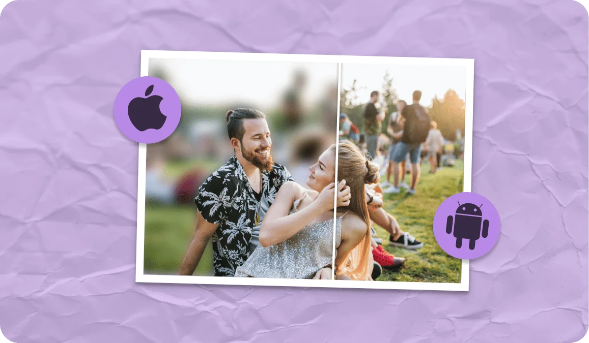 Before and after blur background effect applied to a photo of a couple at an outdoor festival, available on iOS and Android