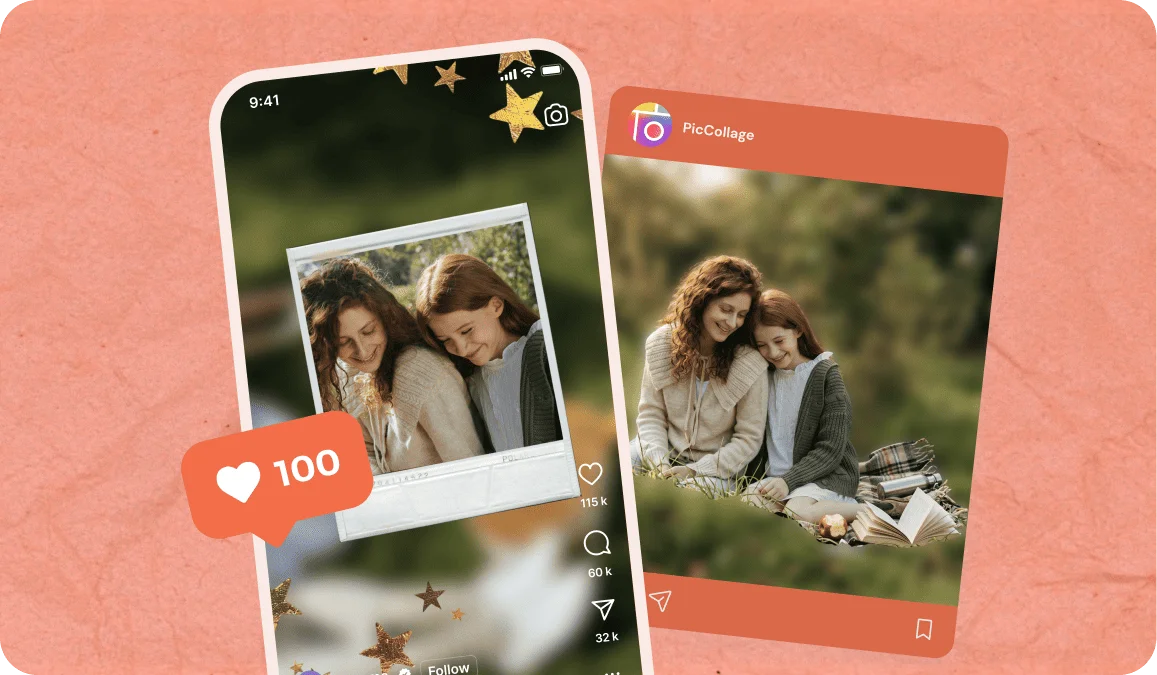 PicCollage app outputs with a mother and daughter photo displayed as a polaroid on TikTok and as an Instagram post