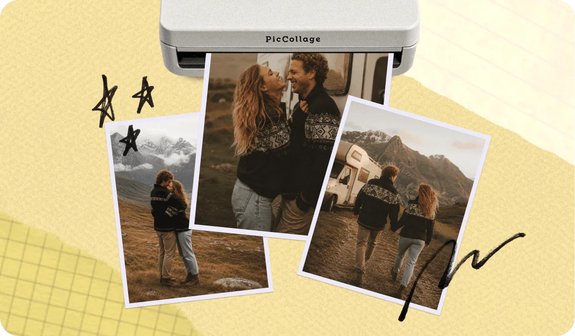 Printed photographs at 4×6, 5×7, and 8×10 sizes arranged on a wooden table
