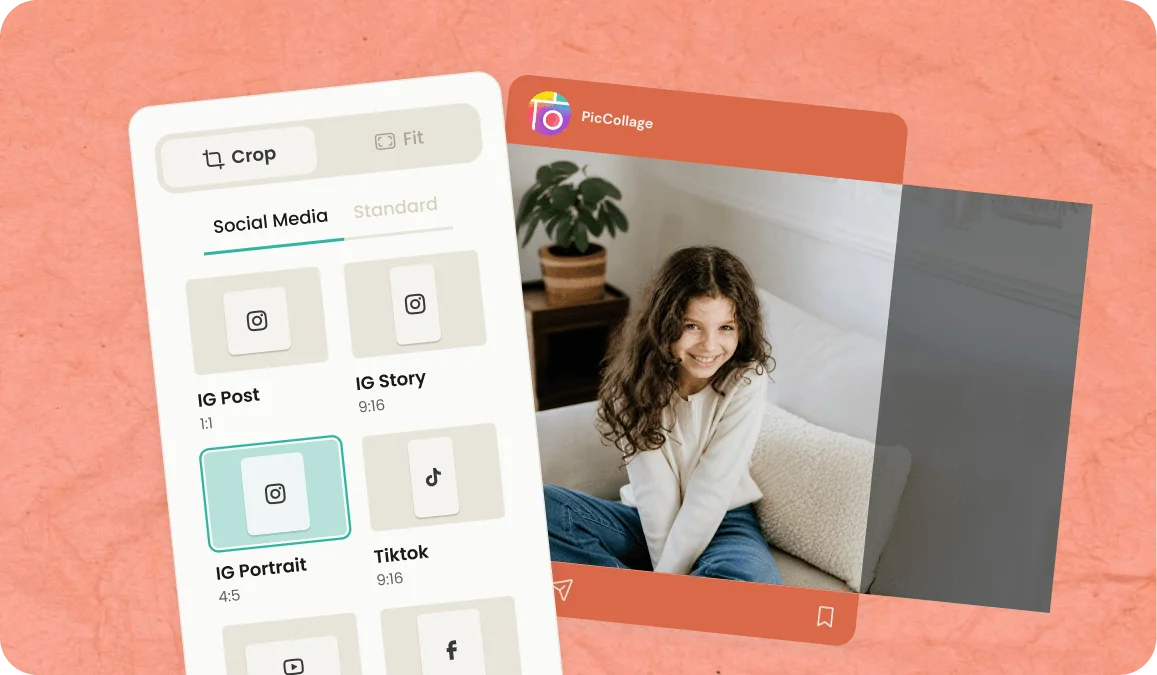 Square Instagram feed post, vertical Stories format, and 16:9 YouTube thumbnail created from a single photo